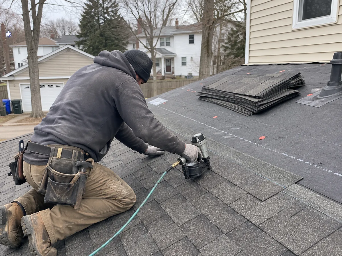 A roofer installing asphalt shingles on a Milwaukee-area home