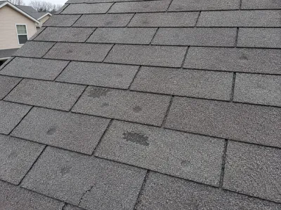 Close-up of hail damage on an asphalt shingle roof in Wisconsin