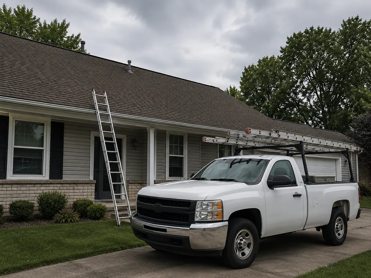 A ladder set up for a roof inspection on a Milwaukee home